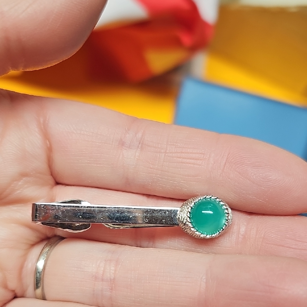 Silver Tie Bar with Green Gem Accent